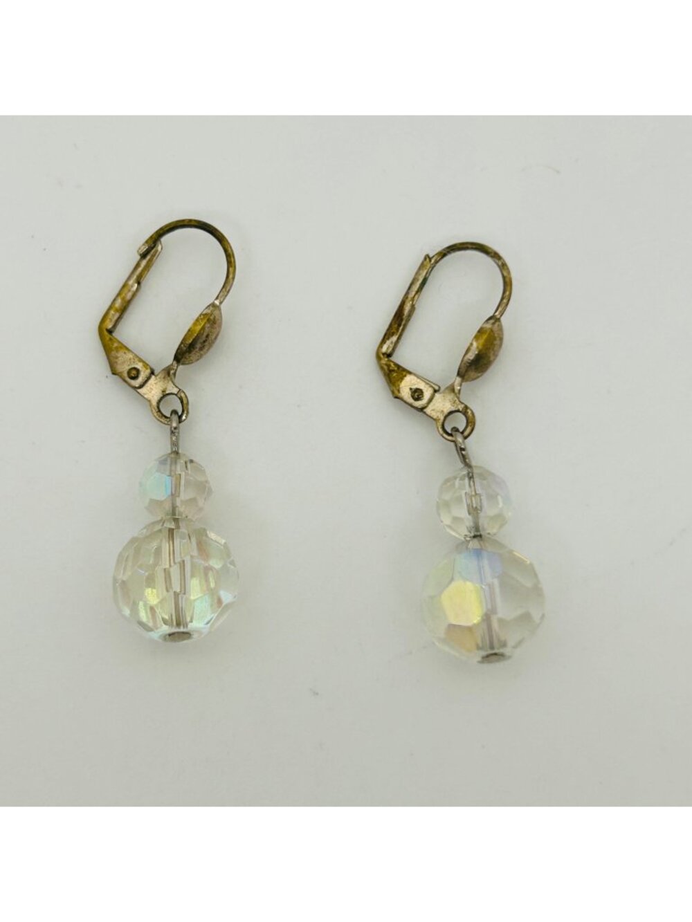 Vintage Aurora Borealis Crystal Leverback Dangle Earrings Gold Tone Faceted Glas